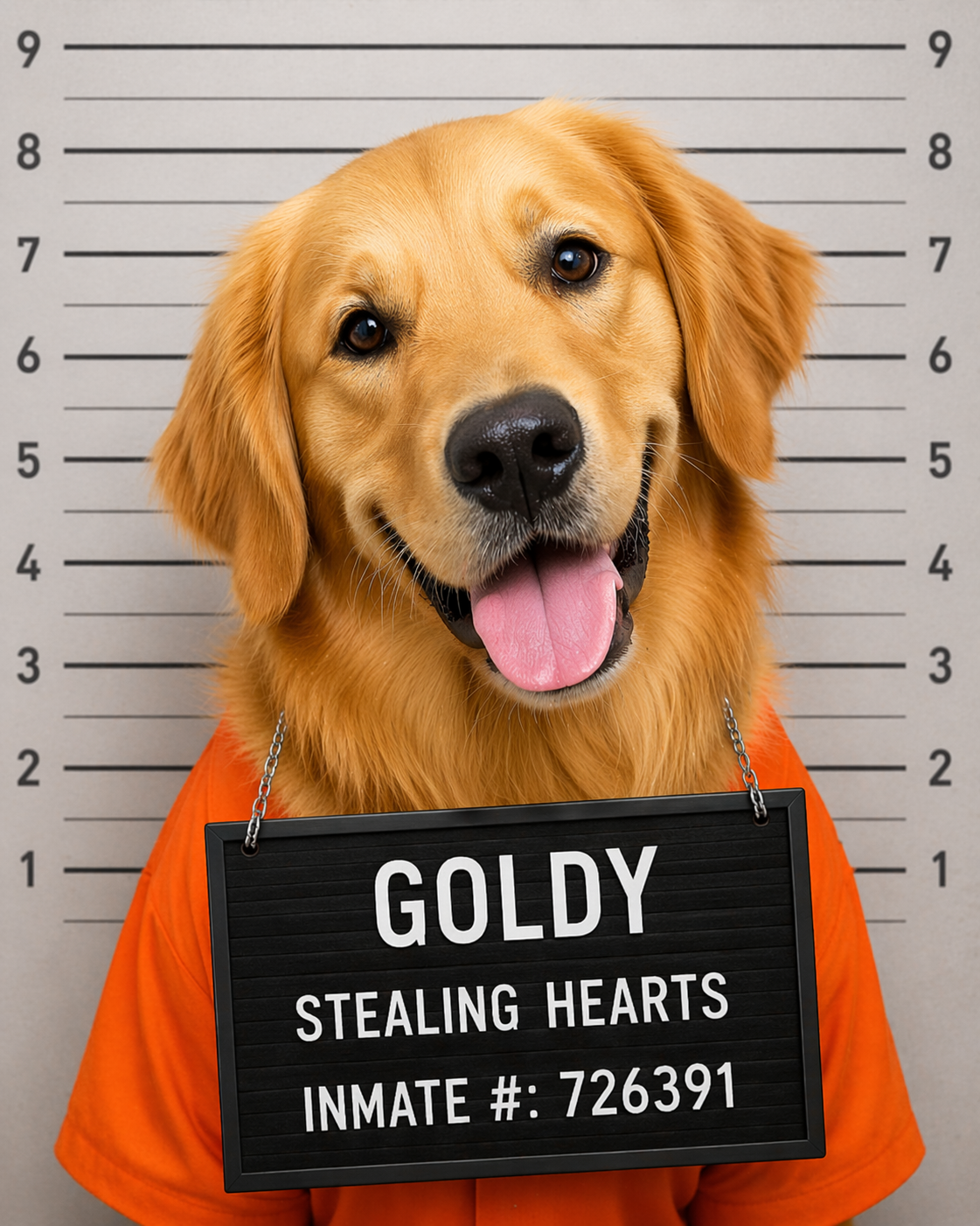 Custom pet mugshot example - Goldy